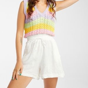 Retro white high waist pure linen gathered shorts bermudas NWT